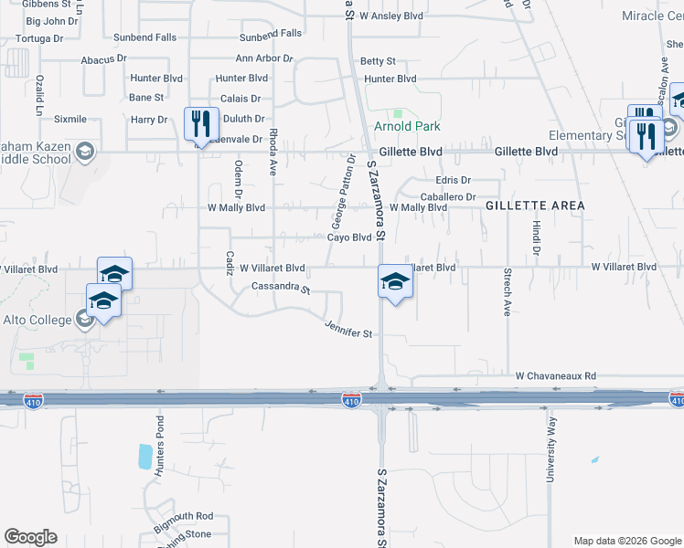map of restaurants, bars, coffee shops, grocery stores, and more near 1150 West Villaret Boulevard in San Antonio