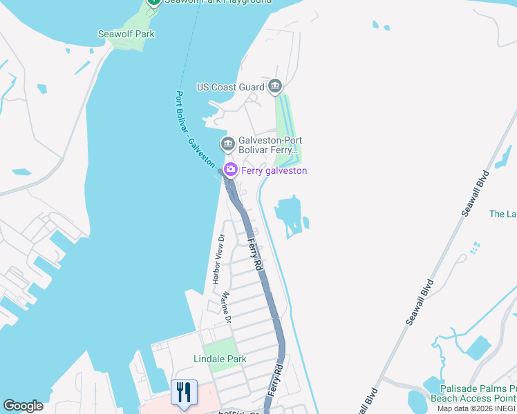 map of restaurants, bars, coffee shops, grocery stores, and more near Texas 168 in Galveston