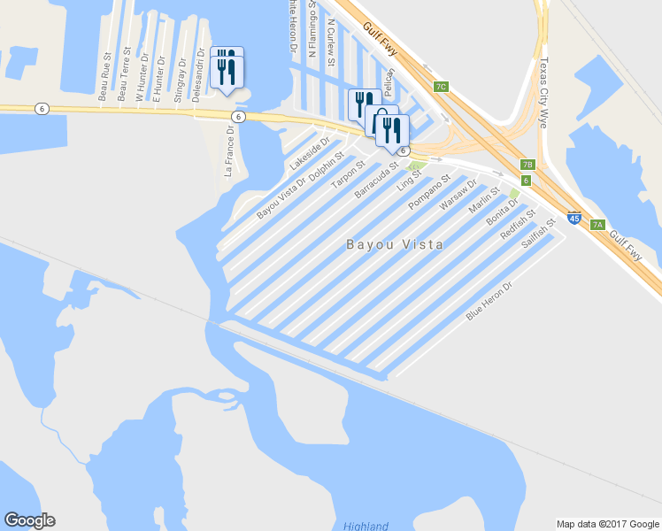 map of restaurants, bars, coffee shops, grocery stores, and more near 612 Warsaw Drive in Bayou Vista
