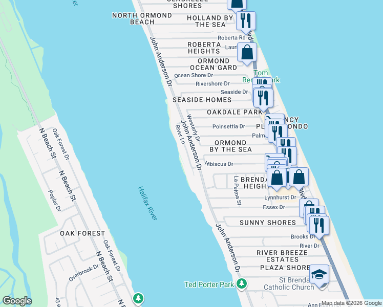 map of restaurants, bars, coffee shops, grocery stores, and more near 115 River Manor Lane in Ormond Beach