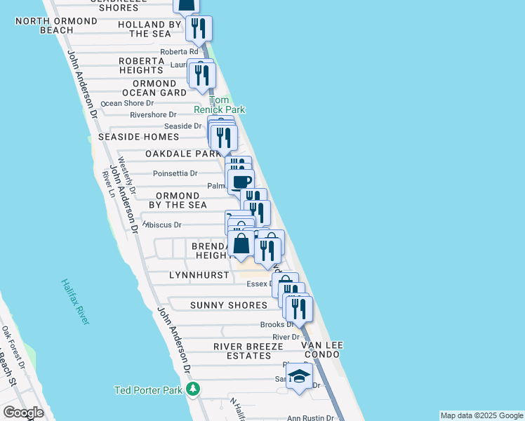 map of restaurants, bars, coffee shops, grocery stores, and more near 1301 Ocean Shore Boulevard in Ormond Beach