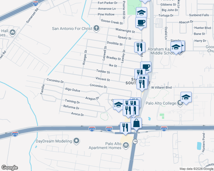 map of restaurants, bars, coffee shops, grocery stores, and more near 3207 Aragon Drive in San Antonio