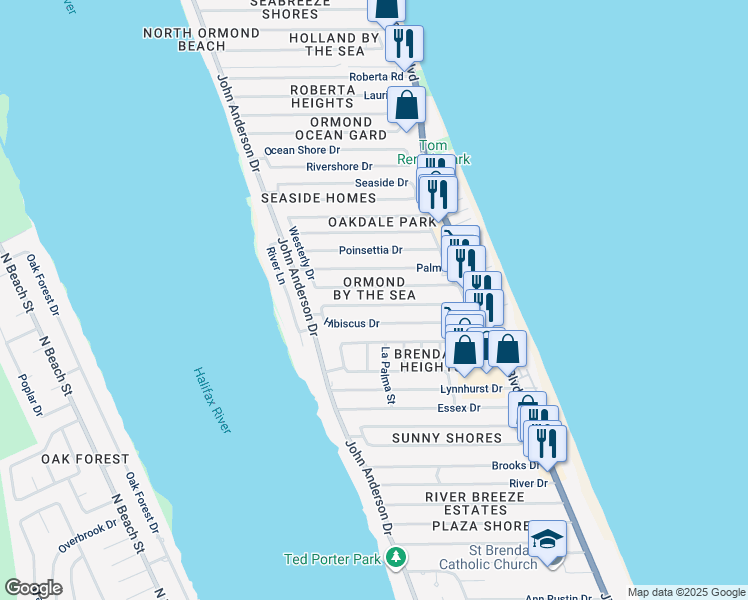 map of restaurants, bars, coffee shops, grocery stores, and more near 43 Alamanda Drive in Ormond Beach