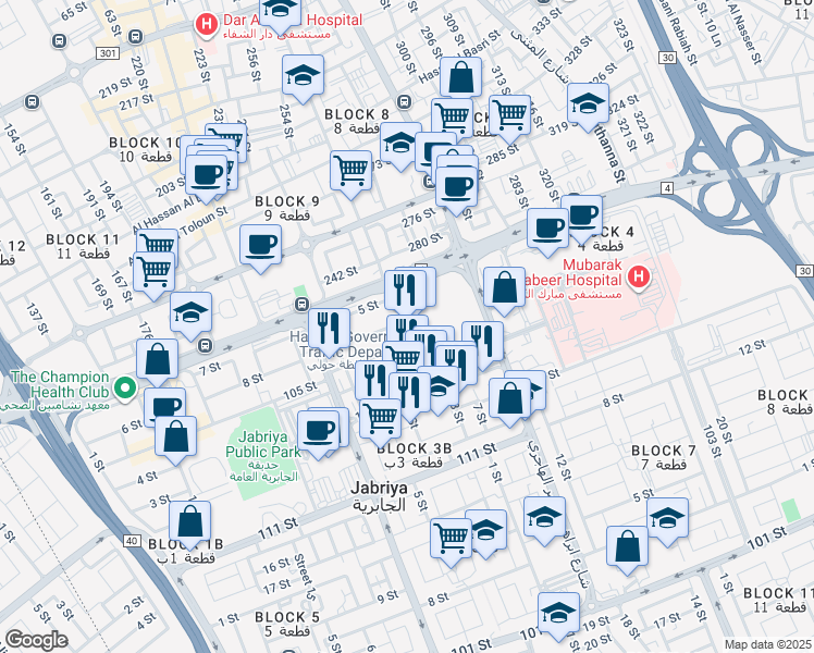 map of restaurants, bars, coffee shops, grocery stores, and more near Fourth Ring Road in Al-Jabriya