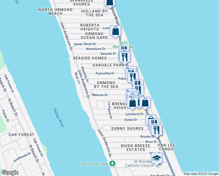 map of restaurants, bars, coffee shops, grocery stores, and more near 33 Hibiscus Drive in Ormond Beach