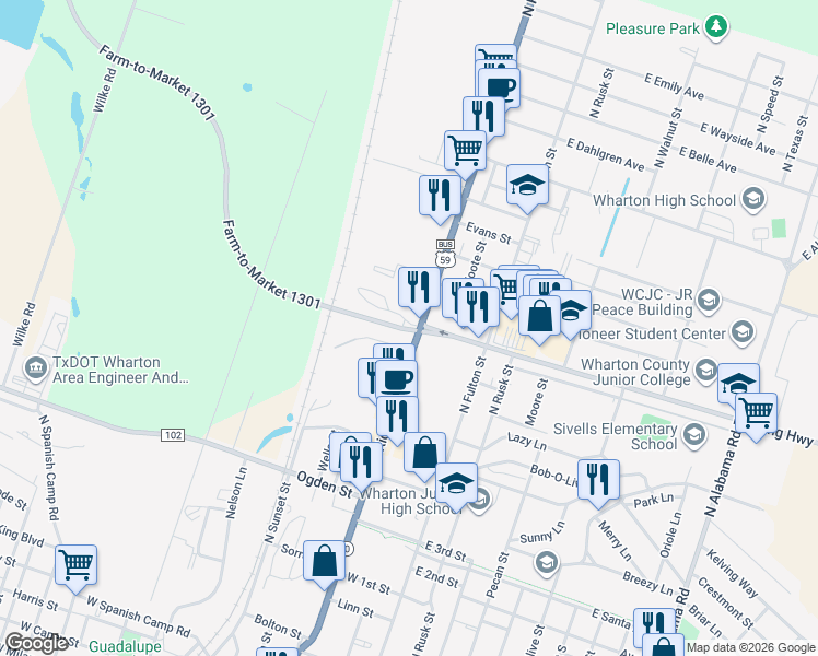 map of restaurants, bars, coffee shops, grocery stores, and more near 419 Sunset Drive in Wharton