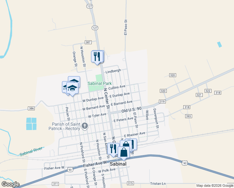 map of restaurants, bars, coffee shops, grocery stores, and more near 918 North Hondo Street in Sabinal
