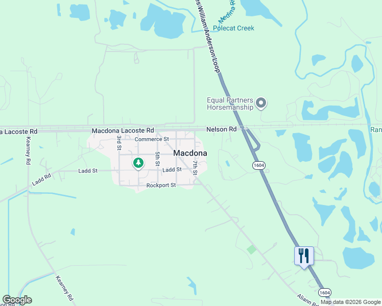 map of restaurants, bars, coffee shops, grocery stores, and more near 9797 5th Street in Macdona