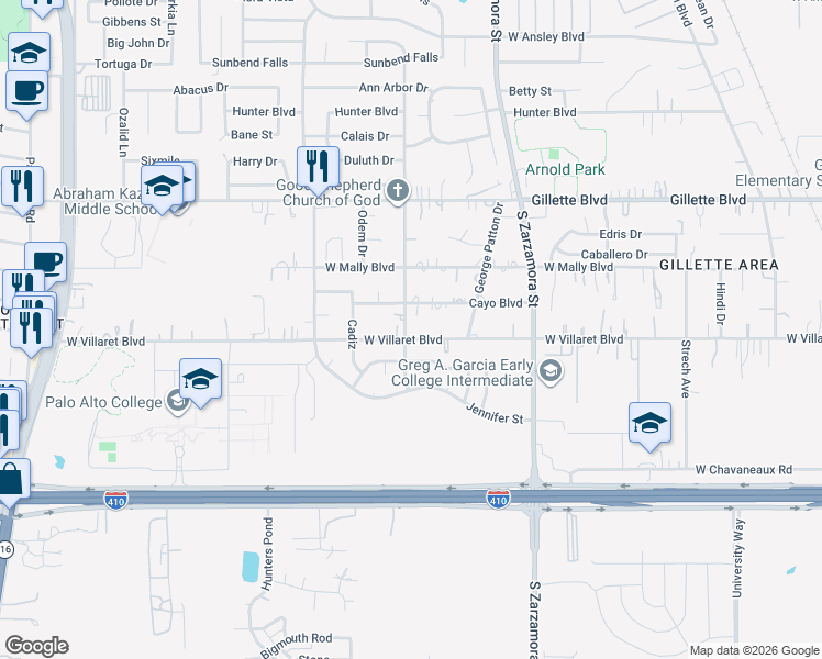 map of restaurants, bars, coffee shops, grocery stores, and more near 9439 Rhoda Avenue in San Antonio