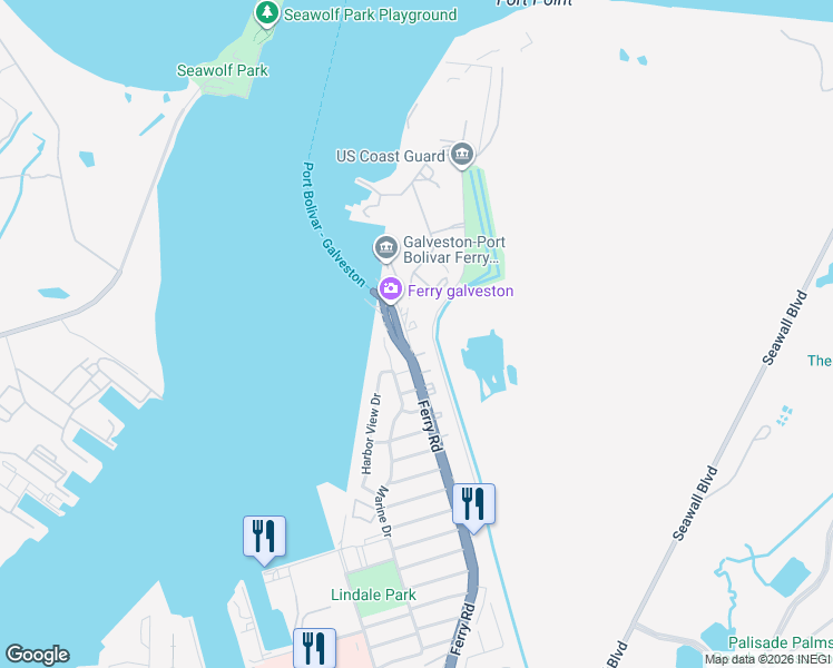 map of restaurants, bars, coffee shops, grocery stores, and more near State Highway 168 in Galveston