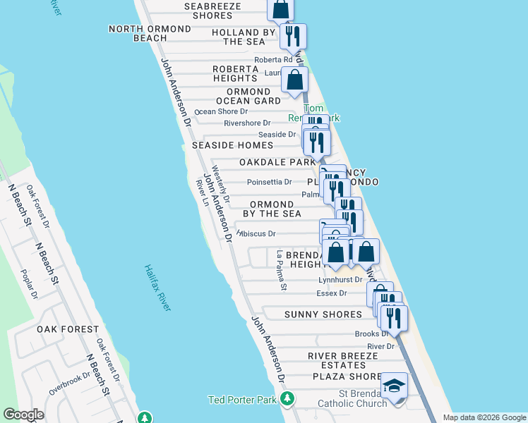 map of restaurants, bars, coffee shops, grocery stores, and more near 42 Palmetto Drive in Ormond Beach