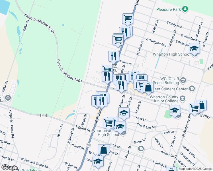 map of restaurants, bars, coffee shops, grocery stores, and more near 1723 North Richmond Road in Wharton