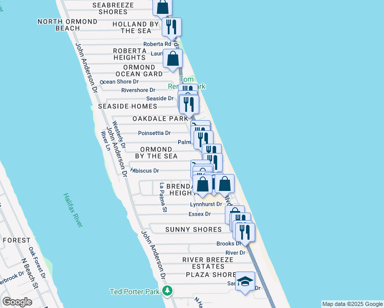 map of restaurants, bars, coffee shops, grocery stores, and more near 4 Palmetto Drive in Ormond Beach