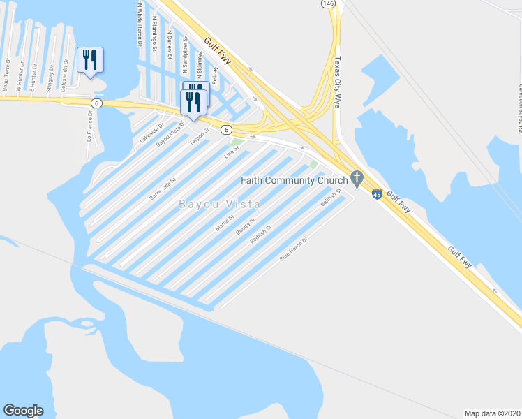 map of restaurants, bars, coffee shops, grocery stores, and more near 879 Bonita Drive in Hitchcock