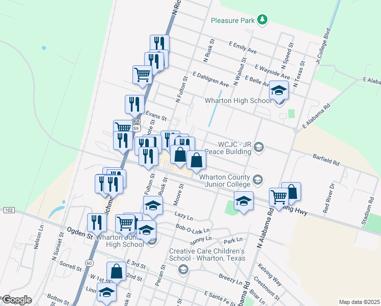 map of restaurants, bars, coffee shops, grocery stores, and more near 310 University St in Wharton