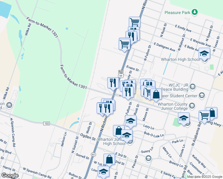 map of restaurants, bars, coffee shops, grocery stores, and more near 1723 North Richmond Road in Wharton