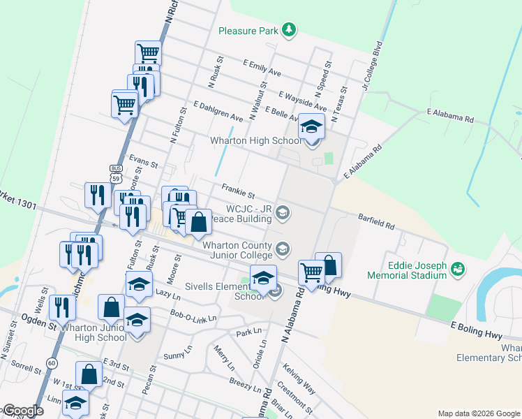 map of restaurants, bars, coffee shops, grocery stores, and more near 709 Tennie Avenue in Wharton