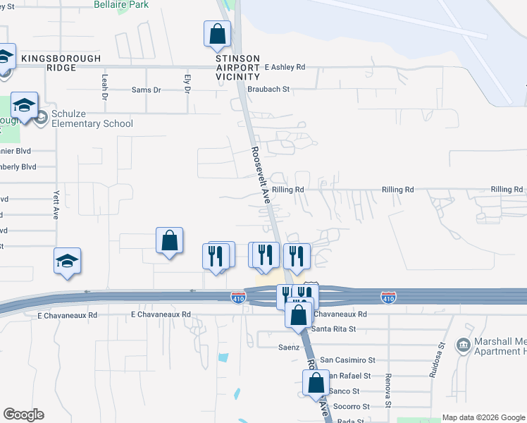 map of restaurants, bars, coffee shops, grocery stores, and more near 5131 Texas 536 Spur in San Antonio