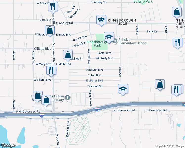 map of restaurants, bars, coffee shops, grocery stores, and more near 407 Yukon Boulevard in San Antonio
