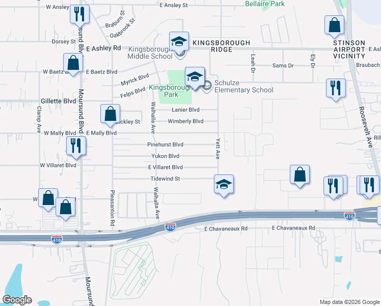 map of restaurants, bars, coffee shops, grocery stores, and more near 511 Yukon Boulevard in San Antonio