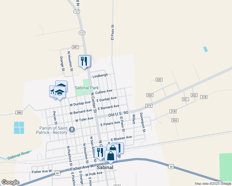 map of restaurants, bars, coffee shops, grocery stores, and more near 907 El Paso Street in Sabinal