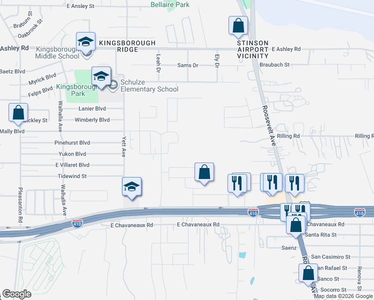 map of restaurants, bars, coffee shops, grocery stores, and more near 5345 Roosevelt Avenue in San Antonio