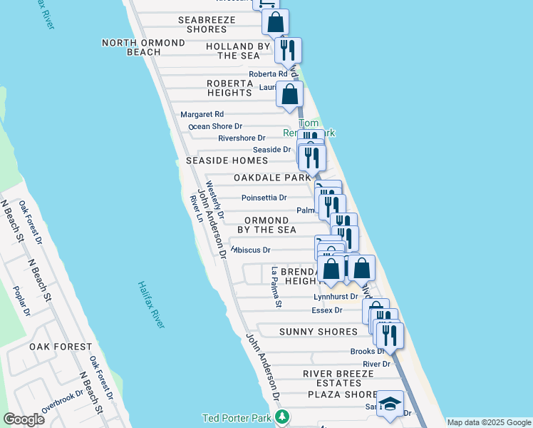 map of restaurants, bars, coffee shops, grocery stores, and more near in Ormond Beach