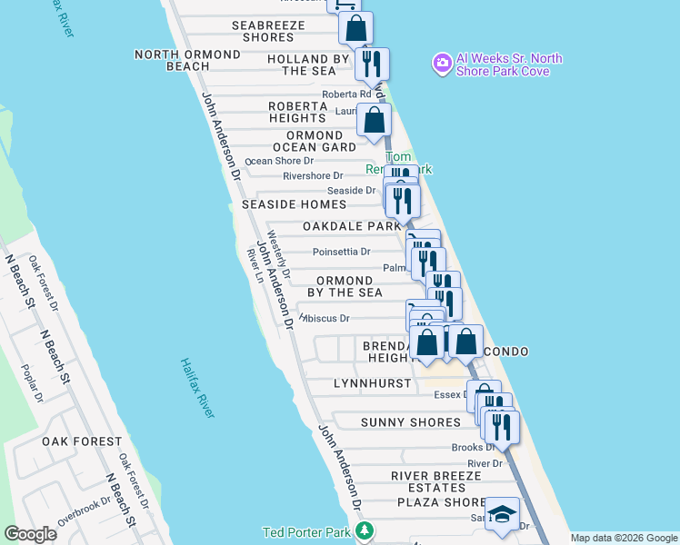 map of restaurants, bars, coffee shops, grocery stores, and more near in Ormond Beach