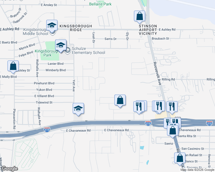 map of restaurants, bars, coffee shops, grocery stores, and more near 5345 Roosevelt Avenue in San Antonio