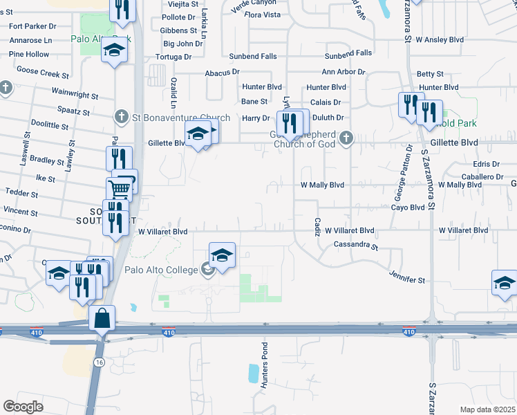 map of restaurants, bars, coffee shops, grocery stores, and more near 1477 West Villaret Boulevard in San Antonio