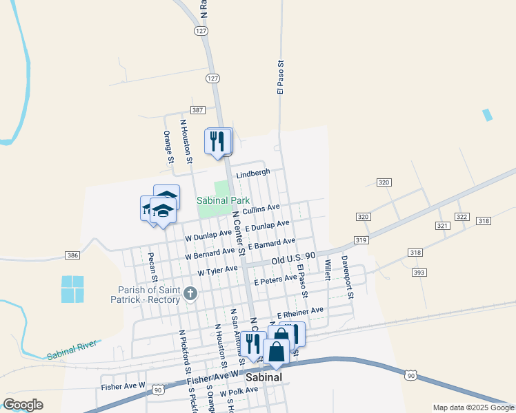 map of restaurants, bars, coffee shops, grocery stores, and more near 918 North Hondo Street in Sabinal