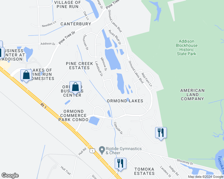 map of restaurants, bars, coffee shops, grocery stores, and more near 12 Lakecliff Drive in Ormond Beach