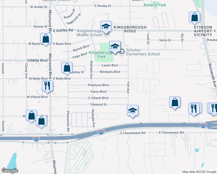 map of restaurants, bars, coffee shops, grocery stores, and more near 511 Yukon Boulevard in San Antonio
