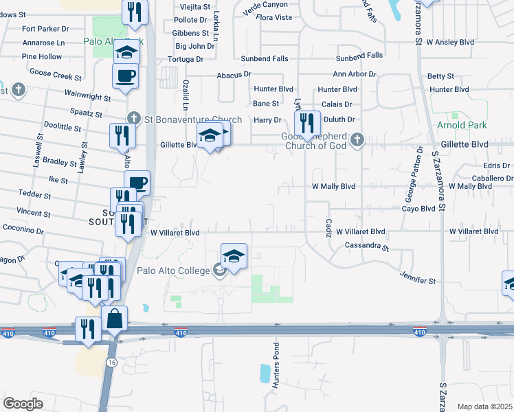map of restaurants, bars, coffee shops, grocery stores, and more near 1477 West Villaret Boulevard in San Antonio
