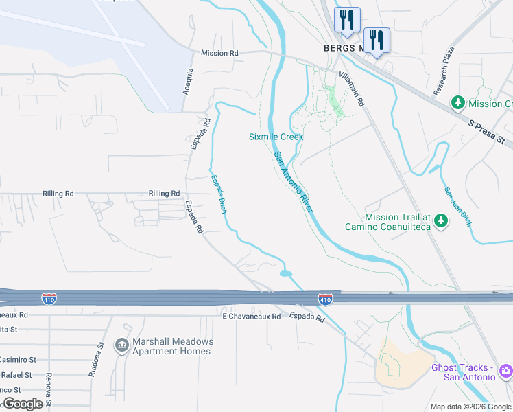 map of restaurants, bars, coffee shops, grocery stores, and more near 9444 Espada Road in San Antonio