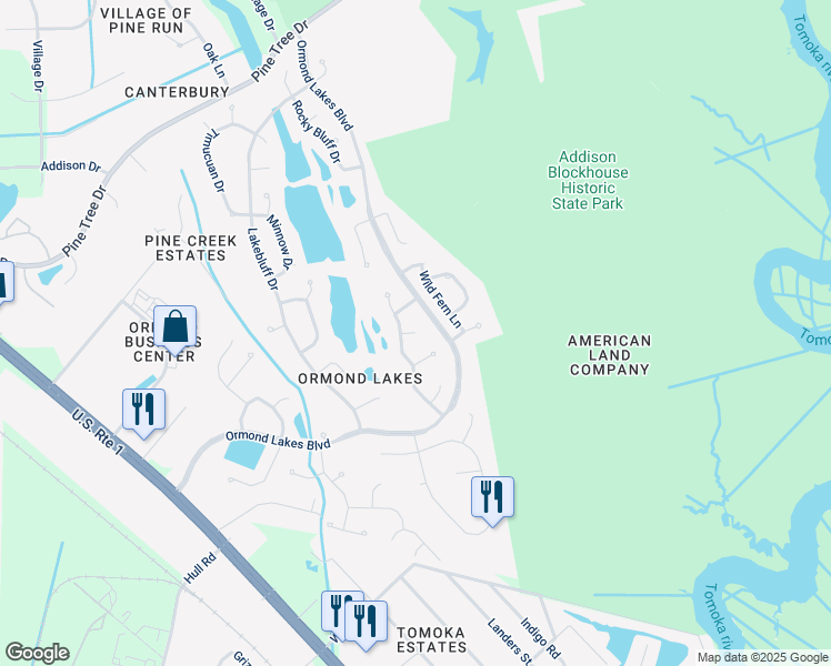 map of restaurants, bars, coffee shops, grocery stores, and more near Nocoroco Court in Ormond Beach
