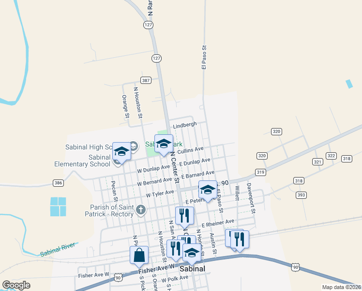 map of restaurants, bars, coffee shops, grocery stores, and more near 1000 North Center Street in Sabinal