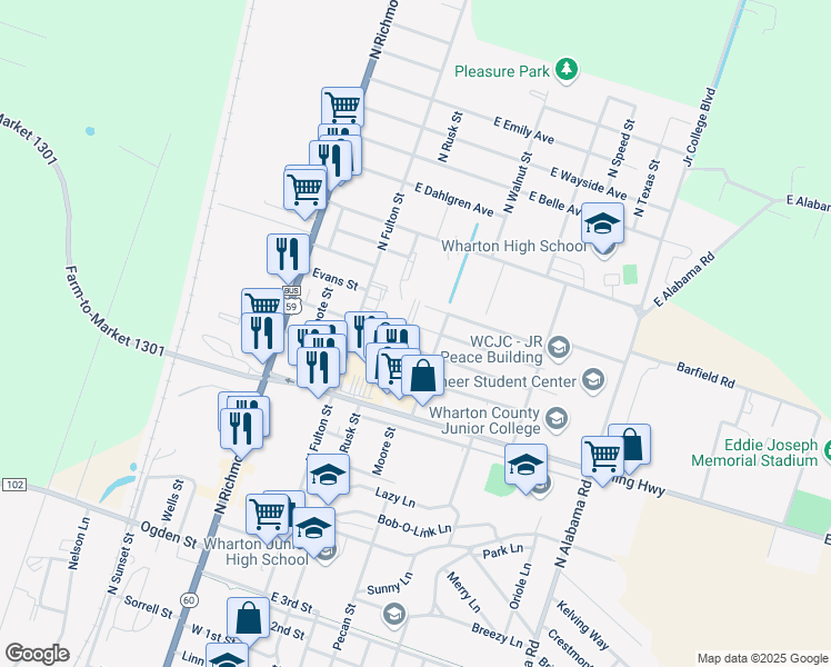 map of restaurants, bars, coffee shops, grocery stores, and more near 310 University Avenue in Wharton