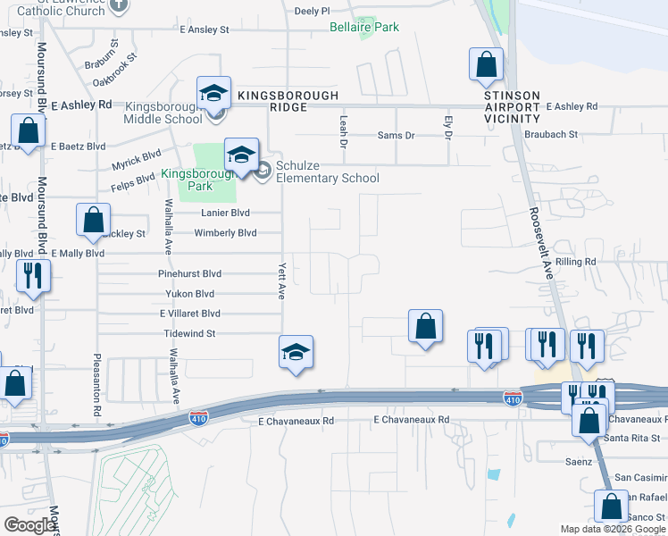 map of restaurants, bars, coffee shops, grocery stores, and more near 699 East Mally Boulevard in San Antonio