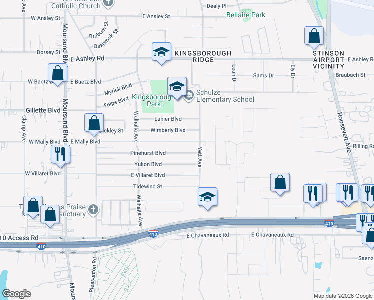 map of restaurants, bars, coffee shops, grocery stores, and more near 535 East Mally Boulevard in San Antonio