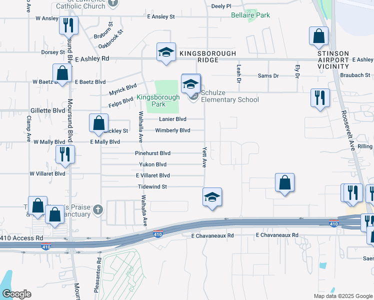 map of restaurants, bars, coffee shops, grocery stores, and more near 523 Pinehurst Boulevard in San Antonio