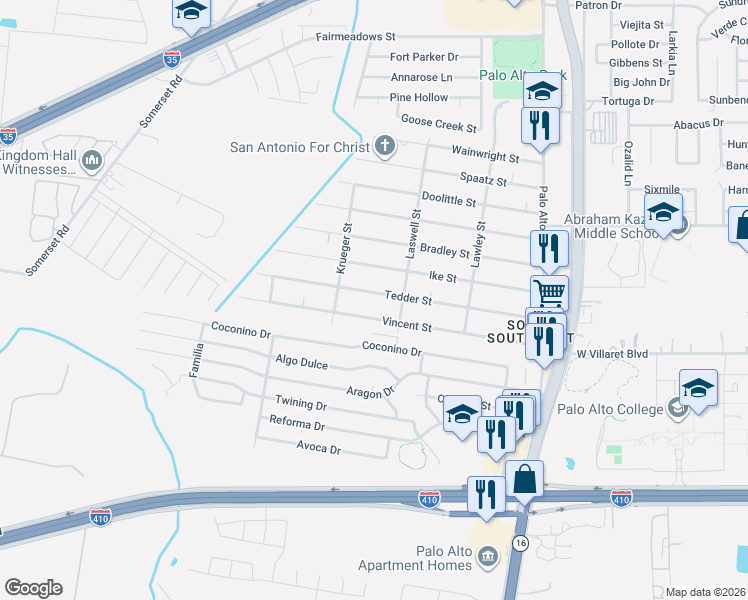 map of restaurants, bars, coffee shops, grocery stores, and more near 319 Tedder Street in San Antonio