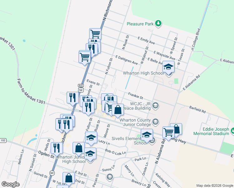 map of restaurants, bars, coffee shops, grocery stores, and more near 304 Frankie Street in Wharton