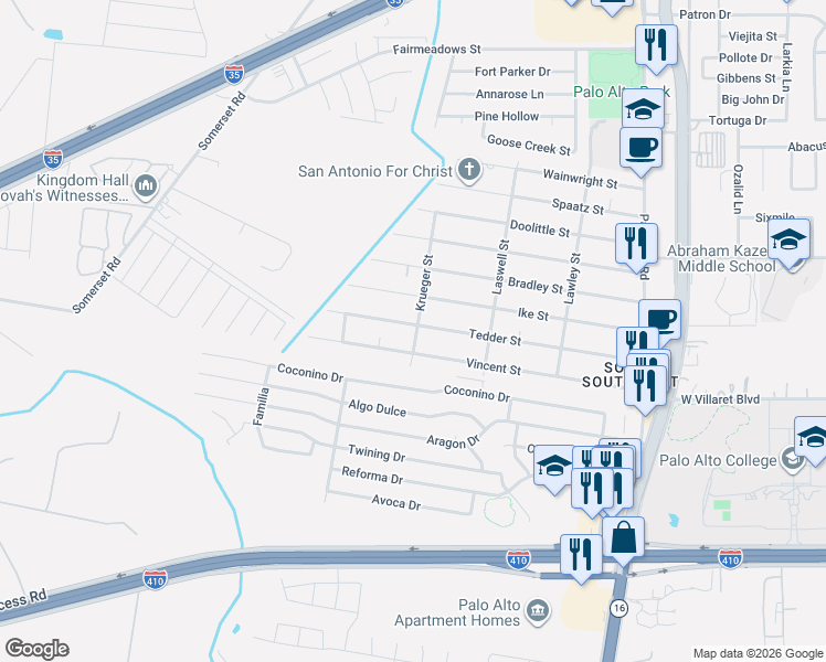 map of restaurants, bars, coffee shops, grocery stores, and more near 422 Tedder Street in San Antonio
