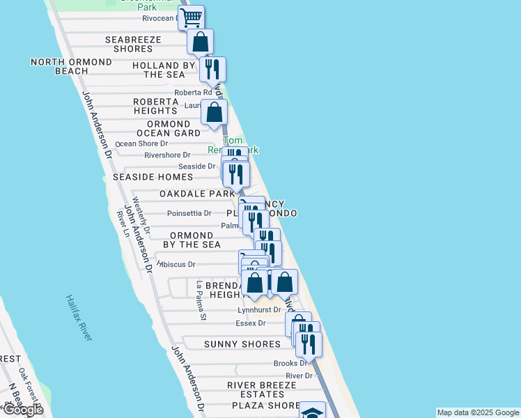 map of restaurants, bars, coffee shops, grocery stores, and more near 1415 Ocean Shore Boulevard in Ormond Beach