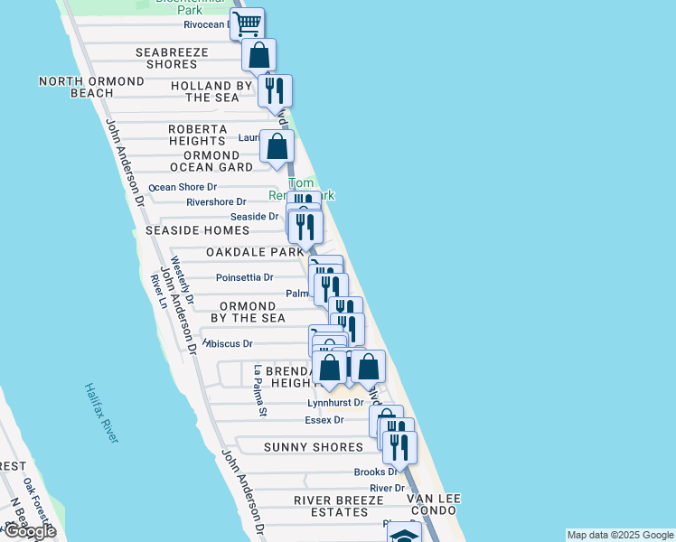 map of restaurants, bars, coffee shops, grocery stores, and more near 1425 Ocean Shore Boulevard in Ormond Beach
