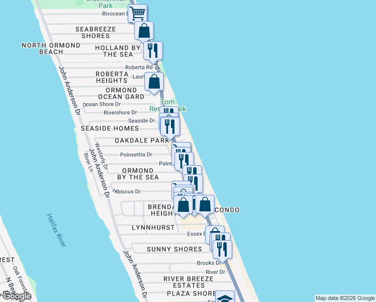 map of restaurants, bars, coffee shops, grocery stores, and more near 1425 Ocean Shore Boulevard in Ormond Beach