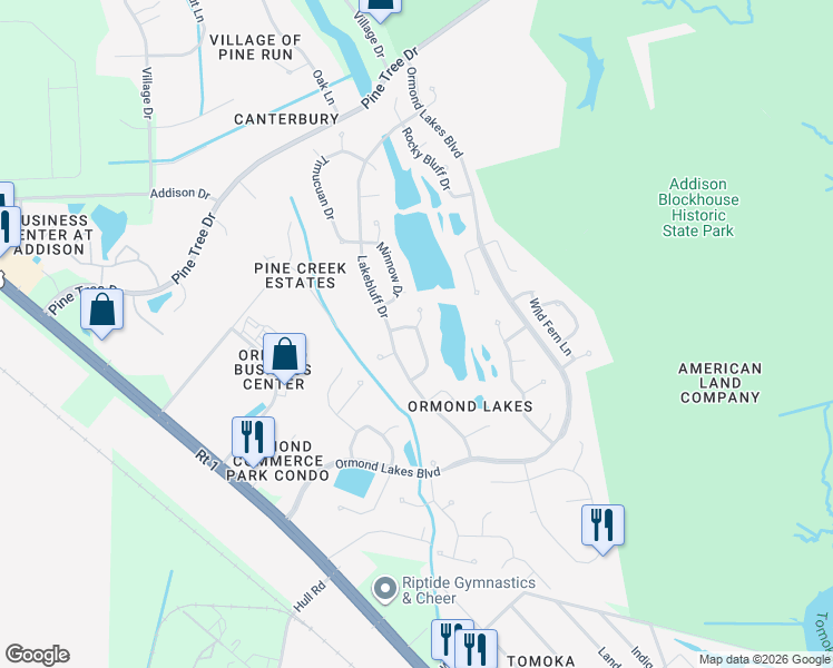 map of restaurants, bars, coffee shops, grocery stores, and more near 35 Lakecliff Drive in Ormond Beach