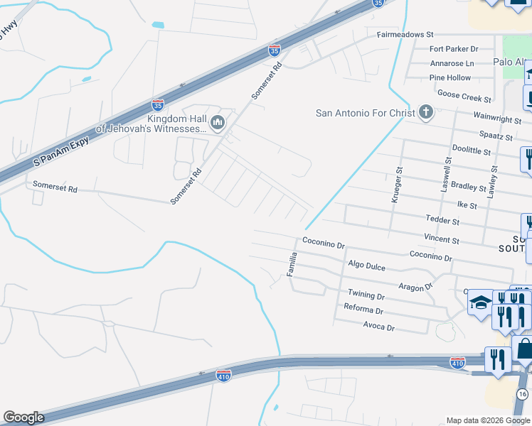 map of restaurants, bars, coffee shops, grocery stores, and more near 9347 Evening Shade Court in San Antonio