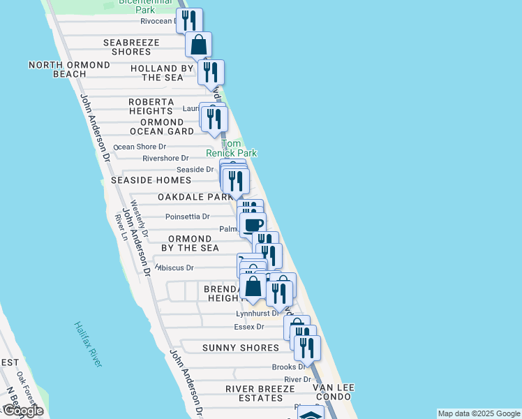 map of restaurants, bars, coffee shops, grocery stores, and more near 1425 Ocean Shore Boulevard in Ormond Beach